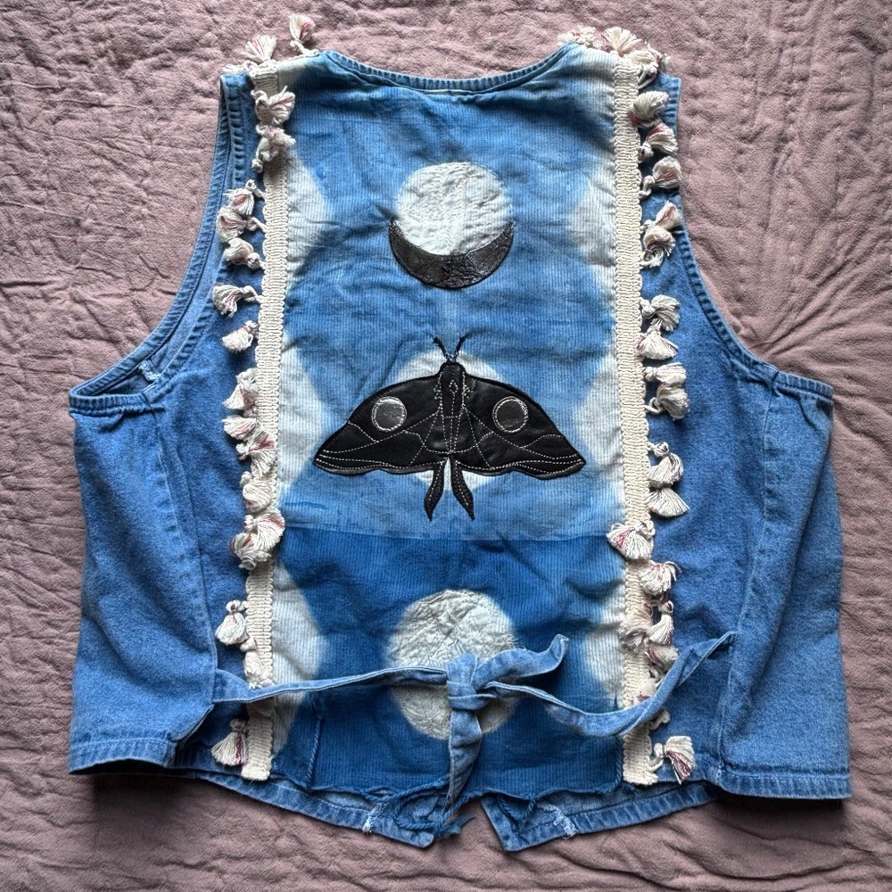 Vintage Boho Denim vest with hand stitched details. Size L (10-14)